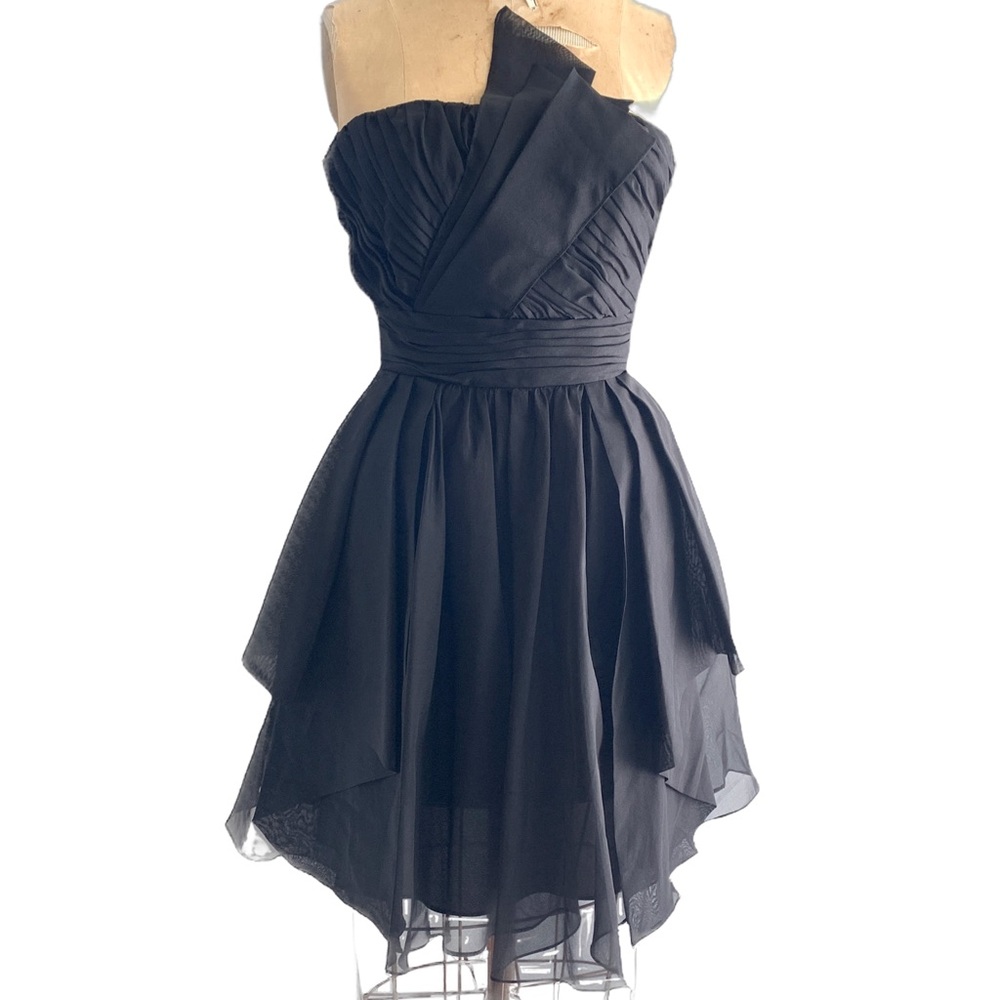 Badgley Mischka silk georgette layered Mini Dress strapless black prom cocktail